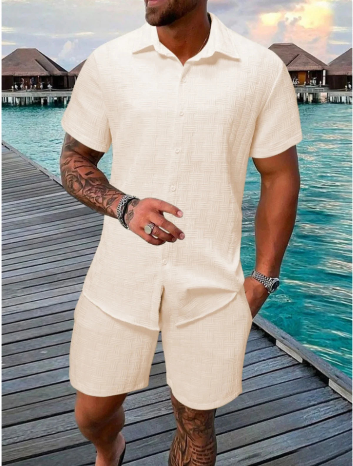 2025 novo verão masculino de manga curta terno lapela moda casual praia listrado terno xadrez