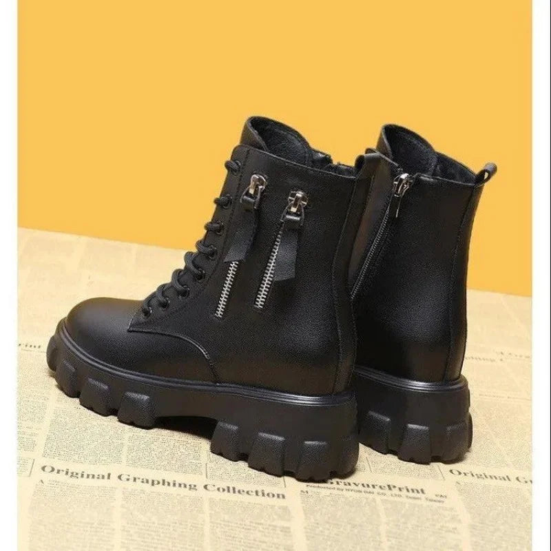 Botas 2025 novo estilo coreano forrado de lã outono inverno sapatos de algodão de alta qualidade botas femininas salto alto meados de bezerro bootsins