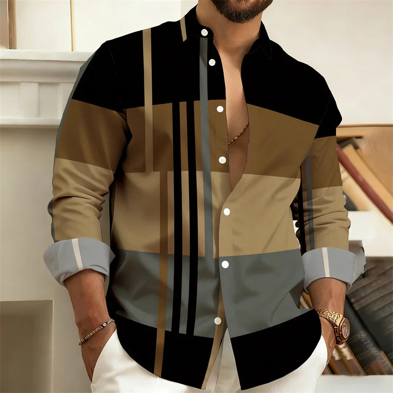Camisa masculina listrada de manga comprida com bloqueio de cores, camisa casual de negócios estilo retrô, top moderno masculino slim fit, tamanhos S-6XL