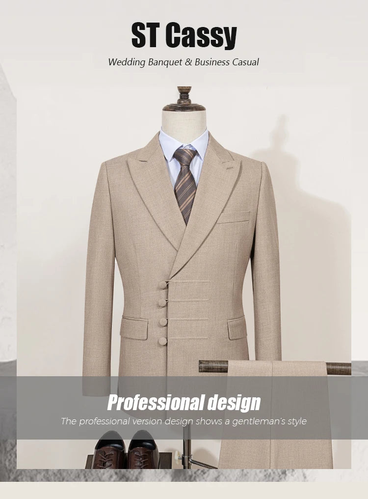 Terno masculino elegante ST Cassy para casamento, cinza, slim fit, trespassado, com vários botões, casual, para negócios, conjunto de 2 peças para festa.