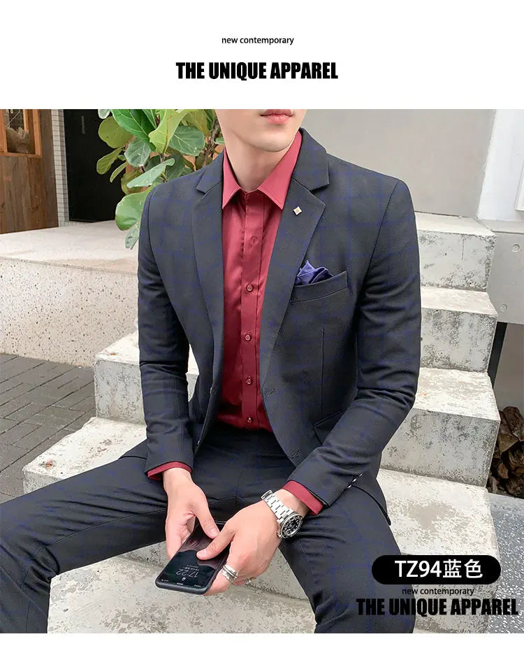 Terno de negócios fino ajuste masculino alta qualidade boutique moda conjunto de duas peças bonito tendência banquete quatro estações calças incluídas