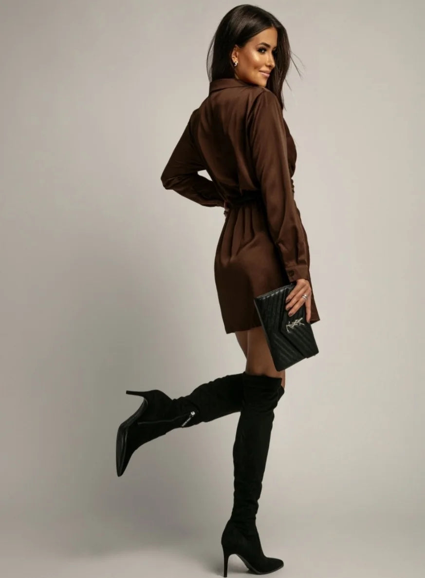 Vestido camisa sofisticado de cetim – Minivestido elegante e justo com mangas compridas e gola, perfeito para eventos noturnos