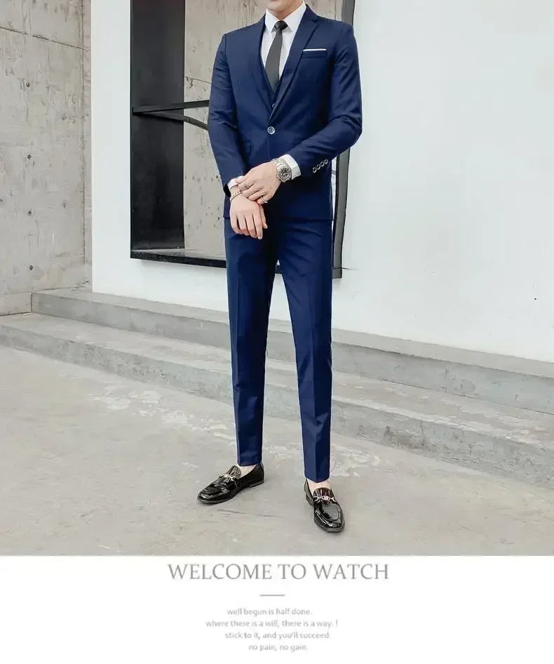 Terno (blazer + colete + calças) moda masculina negócios ao ar livre tendência cor sólida casual fino-ajuste casamento anfitrião cavalheiro terno 6xl