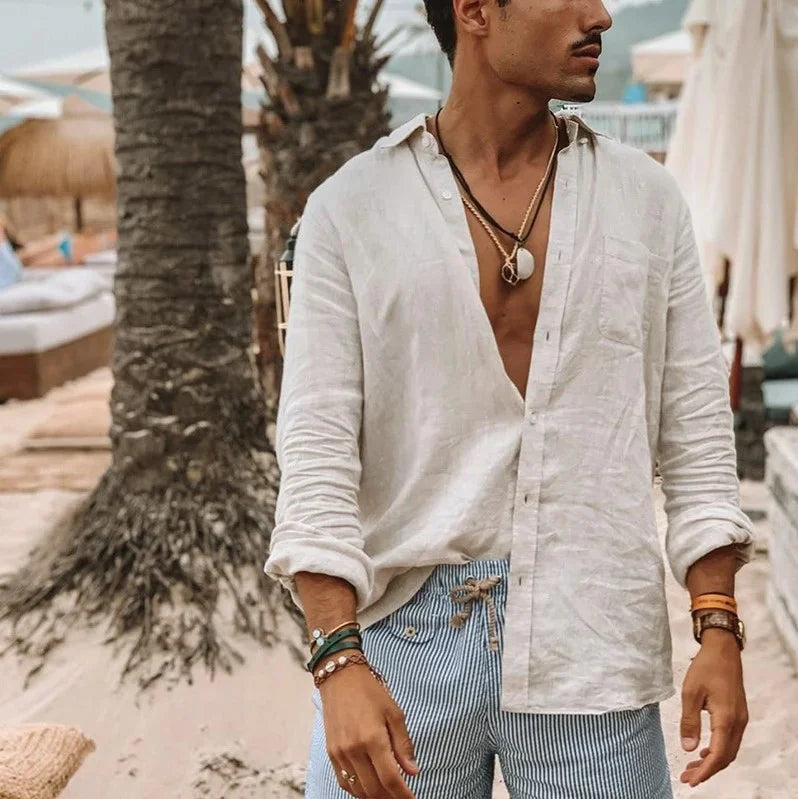 Camisa masculina casual e elegante de cor sólida fina de manga comprida com gola/cardigan leve e respirável, adequada para atividades ao ar livre