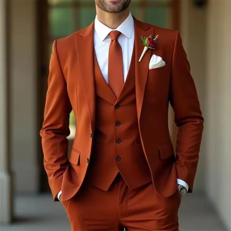 Terno masculino elegante fino ajuste terno de casamento laranja padrinhos terno para homens eventos jantares noivo smoking sob medida (jaqueta + colete + calças)