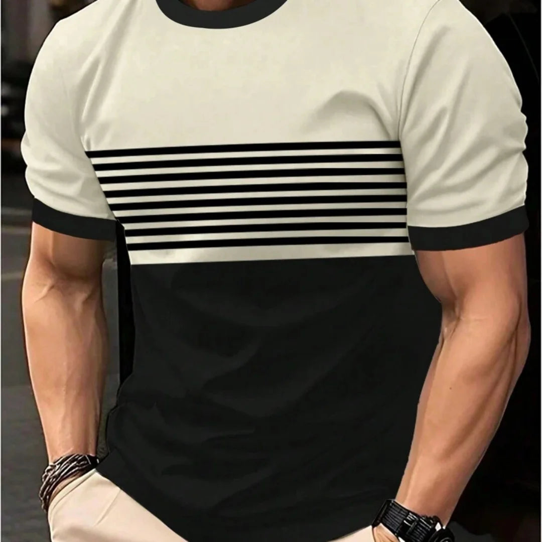 Camiseta de grandes dimensões masculina t camisa verão moda casual em torno do pescoço manga curta topo listrado impresso roupas masculinas camiseta