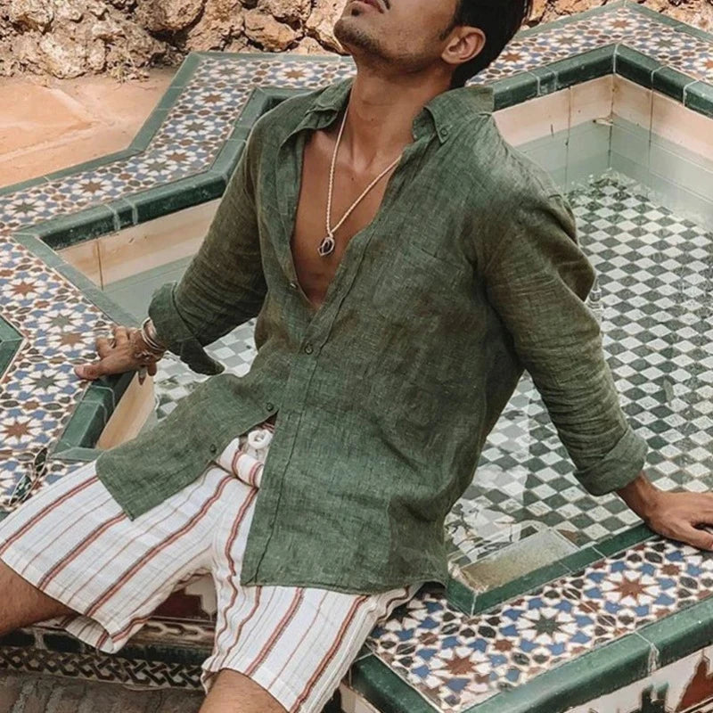 Camisa masculina casual e elegante de cor sólida fina de manga comprida com gola/cardigan leve e respirável, adequada para atividades ao ar livre