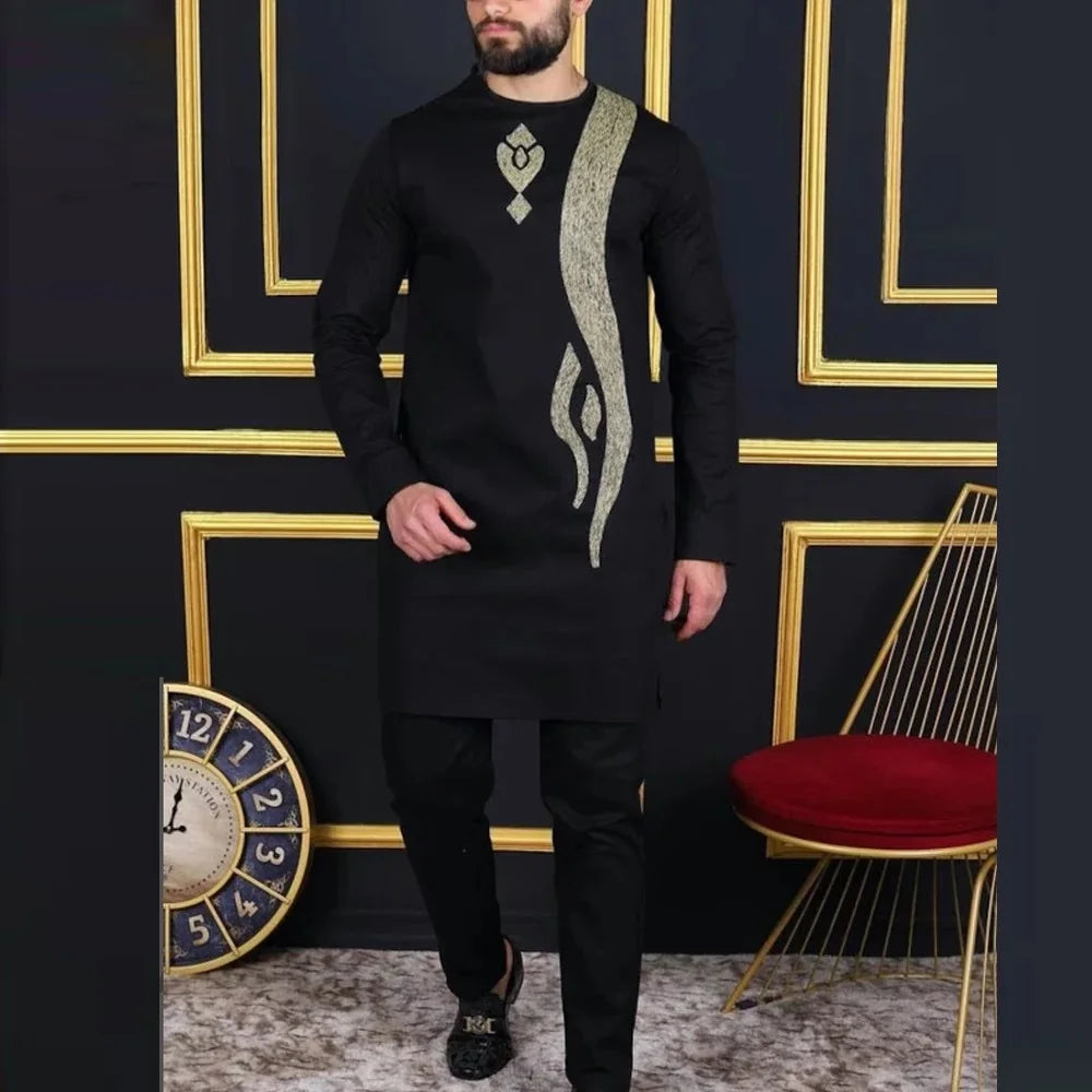 Traje Masculino Africano com Bordado Temos, Conjunto de Duas Peças, Calça Longa, Estilo Étnico Casual, Traje de Casamento, Terno para Noivos.