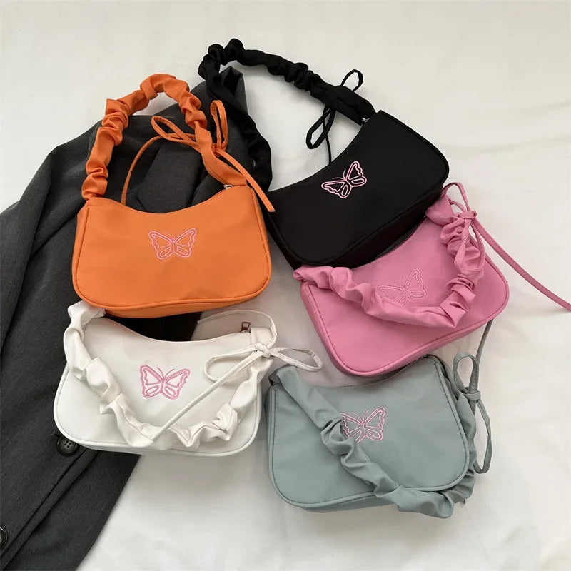 Bordado bowknot borboleta bolsa de ombro y2k-estilo plissado alça náilon arco sacola maquiagem batom bolsa nova