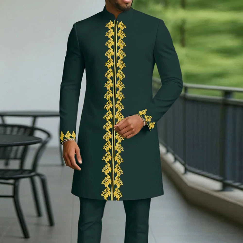 Traje Masculino Africano com Bordado Temos, Conjunto de Duas Peças, Calça Longa, Estilo Étnico Casual, Traje de Casamento, Terno para Noivos.