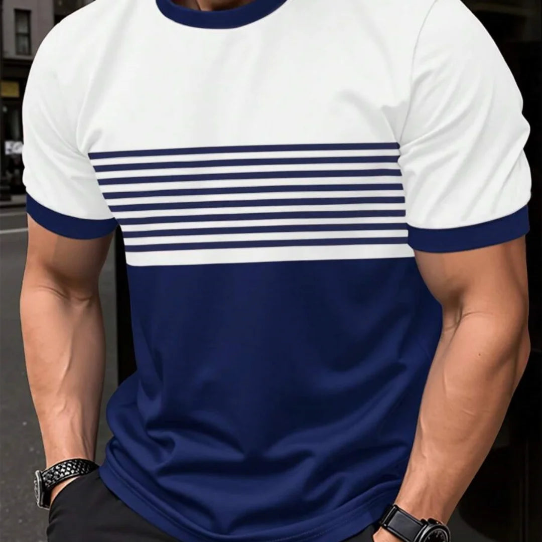 Camiseta de grandes dimensões masculina t camisa verão moda casual em torno do pescoço manga curta topo listrado impresso roupas masculinas camiseta