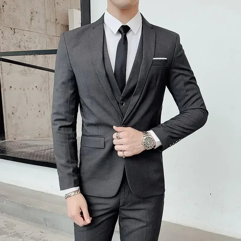 Terno (blazer + colete + calças) moda masculina negócios ao ar livre tendência cor sólida casual fino-ajuste casamento anfitrião cavalheiro terno 6xl