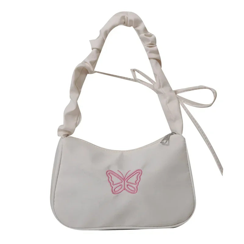 Bordado bowknot borboleta bolsa de ombro y2k-estilo plissado alça náilon arco sacola maquiagem batom bolsa nova