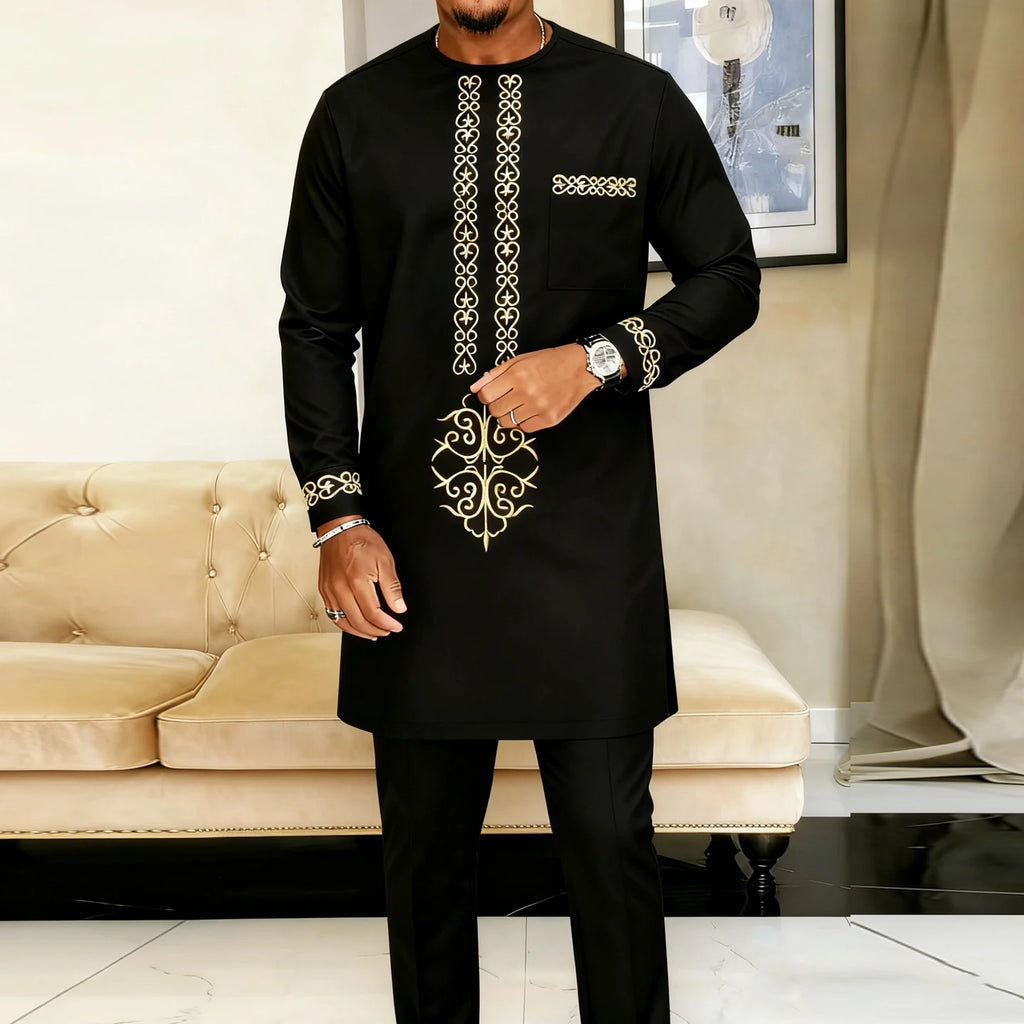 Traje Masculino Africano com Bordado Temos, Conjunto de Duas Peças, Calça Longa, Estilo Étnico Casual, Traje de Casamento, Terno para Noivos.