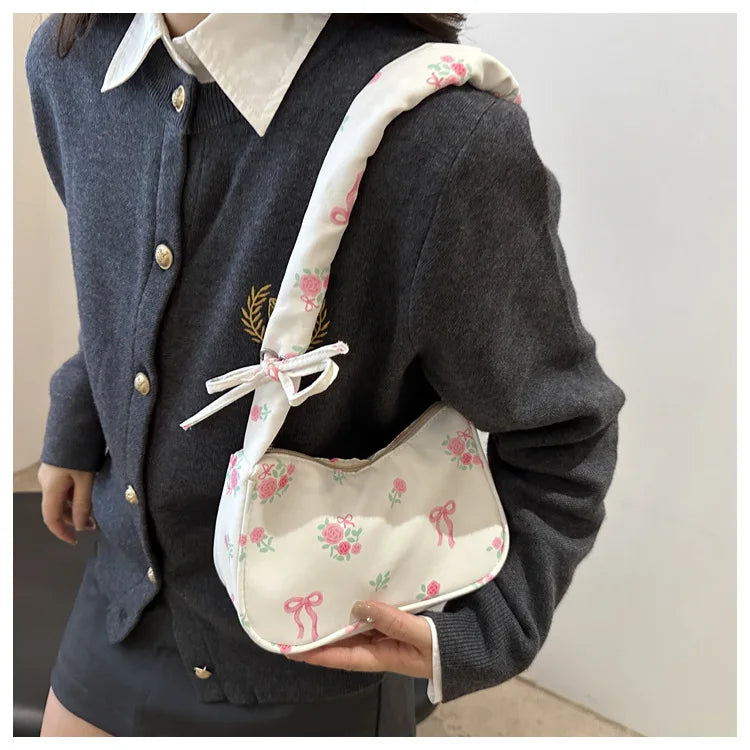 Bolsas femininas nova doce impressão bolsas de lona coreano floral arco impresso zíper sacola feminina pequena bolsa de ombro