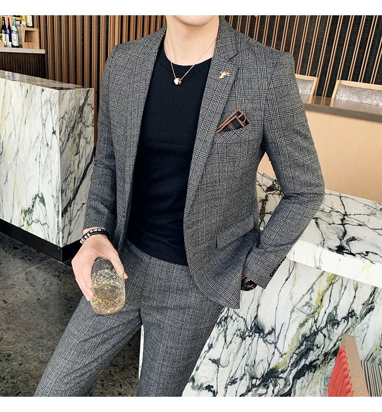 Terno de negócios fino ajuste masculino alta qualidade boutique moda conjunto de duas peças bonito tendência banquete quatro estações calças incluídas