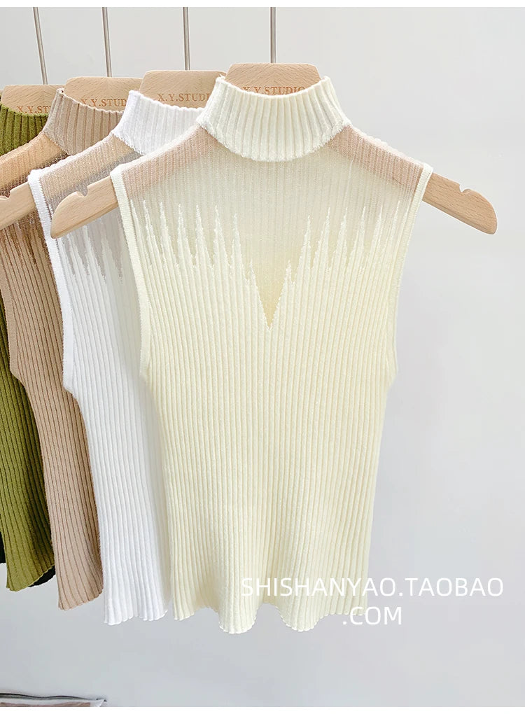 Top de malha de malha feminina y2k regata meio pescoço colete feminino sem mangas camisola chique corte streetwear sólido magro tubo topo