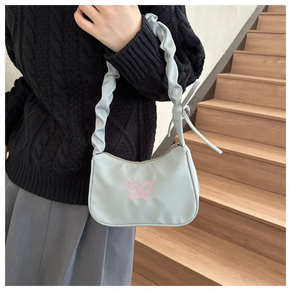 Bordado bowknot borboleta bolsa de ombro y2k-estilo plissado alça náilon arco sacola maquiagem batom bolsa nova