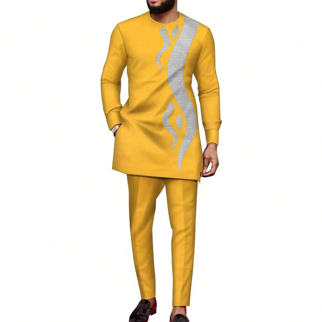 Traje Masculino Africano com Bordado Temos, Conjunto de Duas Peças, Calça Longa, Estilo Étnico Casual, Traje de Casamento, Terno para Noivos.