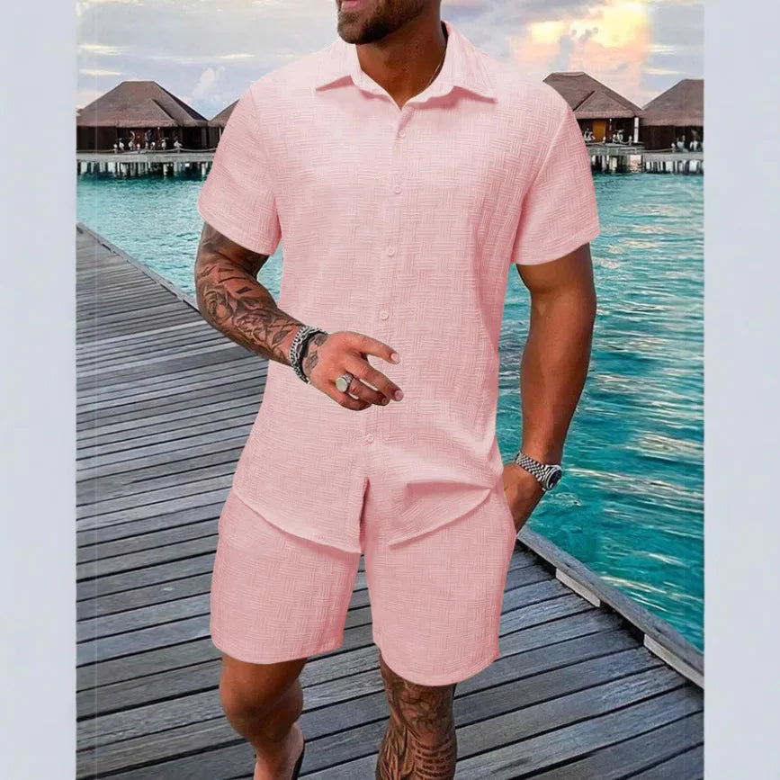 2025 novo verão masculino de manga curta terno lapela moda casual praia listrado terno xadrez