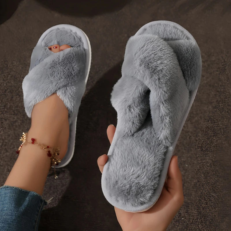 Cruz quente fofo chinelos peludos feminino leve saltos planos slides de pele mulher outono inverno dedo do pé aberto antiderrapante sapatos de chão para casa