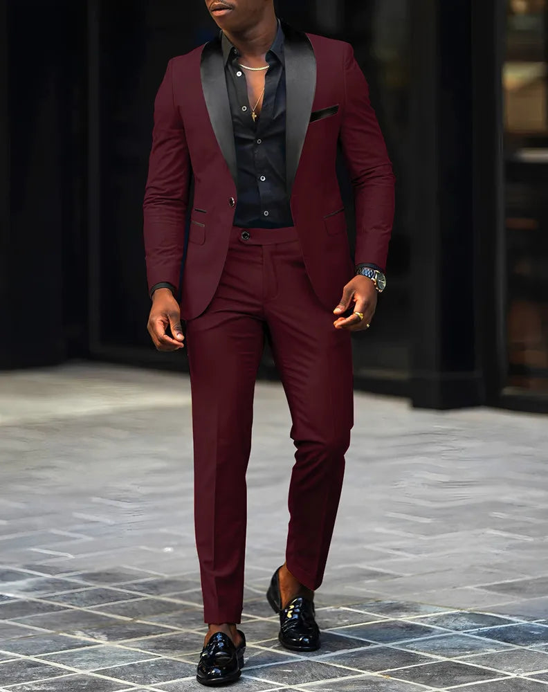 Terno masculino de 2 peças adequado para ternos de negócios de casamento, conjuntos de jaquetas e calças de botão único, conjuntos de jaqueta slim fit