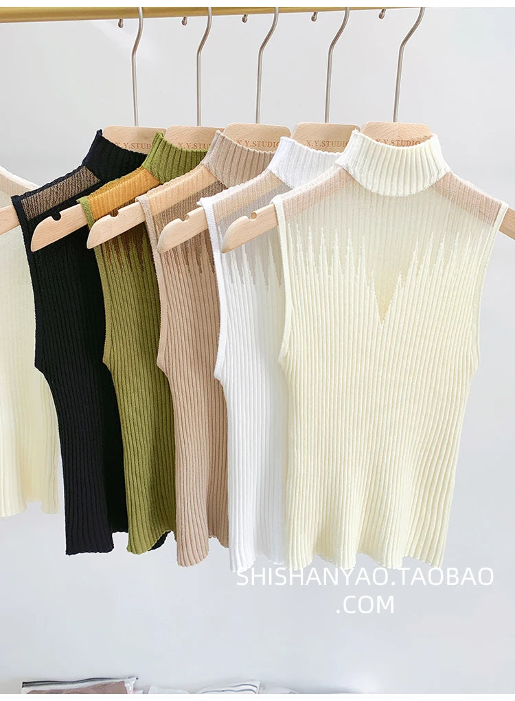 Top de malha de malha feminina y2k regata meio pescoço colete feminino sem mangas camisola chique corte streetwear sólido magro tubo topo