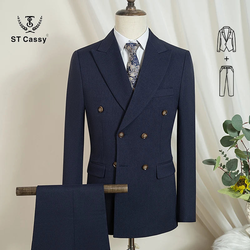 Terno masculino elegante azul escuro ST Cassy, conjunto de 2 peças, moderno, para casamento, festas, negócios e escritório.