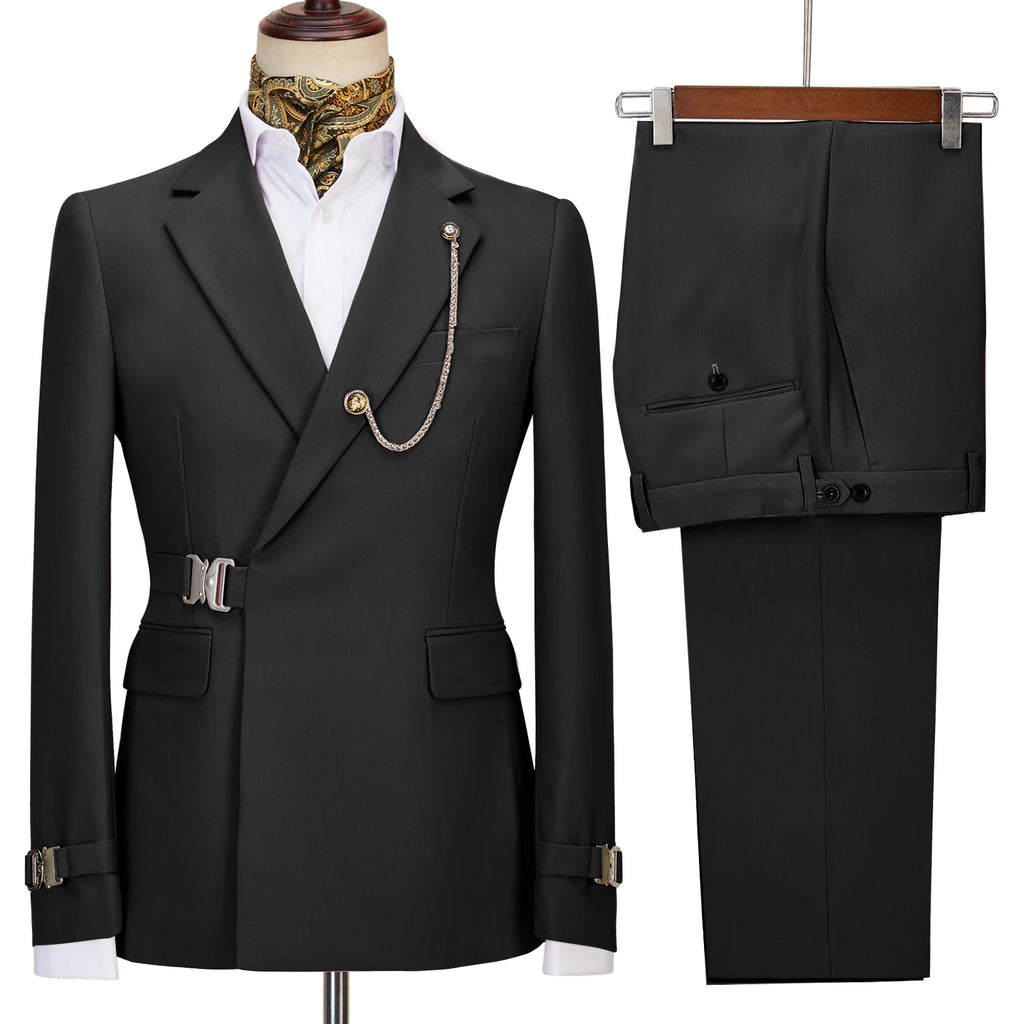 Terno de negócios masculino com fivela de metal, jaqueta casual, casaco boutique, vestido de noiva do noivo, blazers e calças, moda elegante