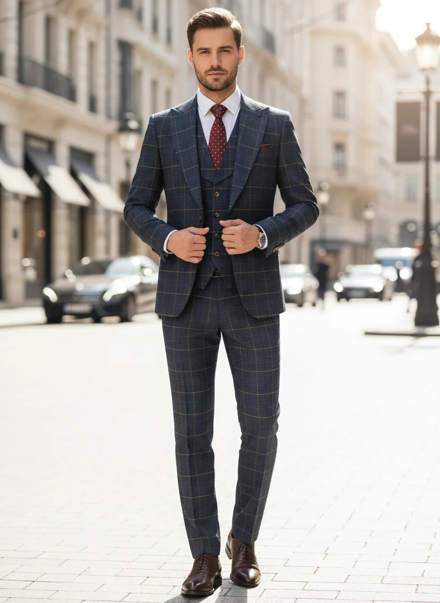 Conjunto de terno xadrez de 3 peças, azul escuro, elegante, para negócios, escritório, casamento, traje formal, elegante, completo, para jantar.
