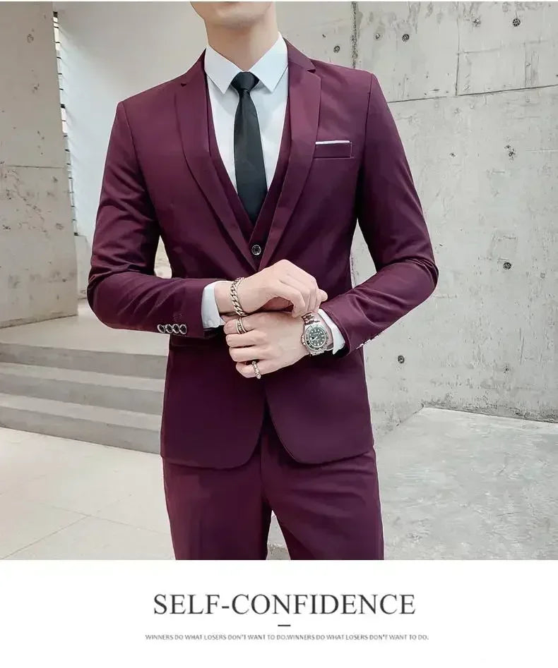 Terno (blazer + colete + calças) moda masculina negócios ao ar livre tendência cor sólida casual fino-ajuste casamento anfitrião cavalheiro terno 6xl