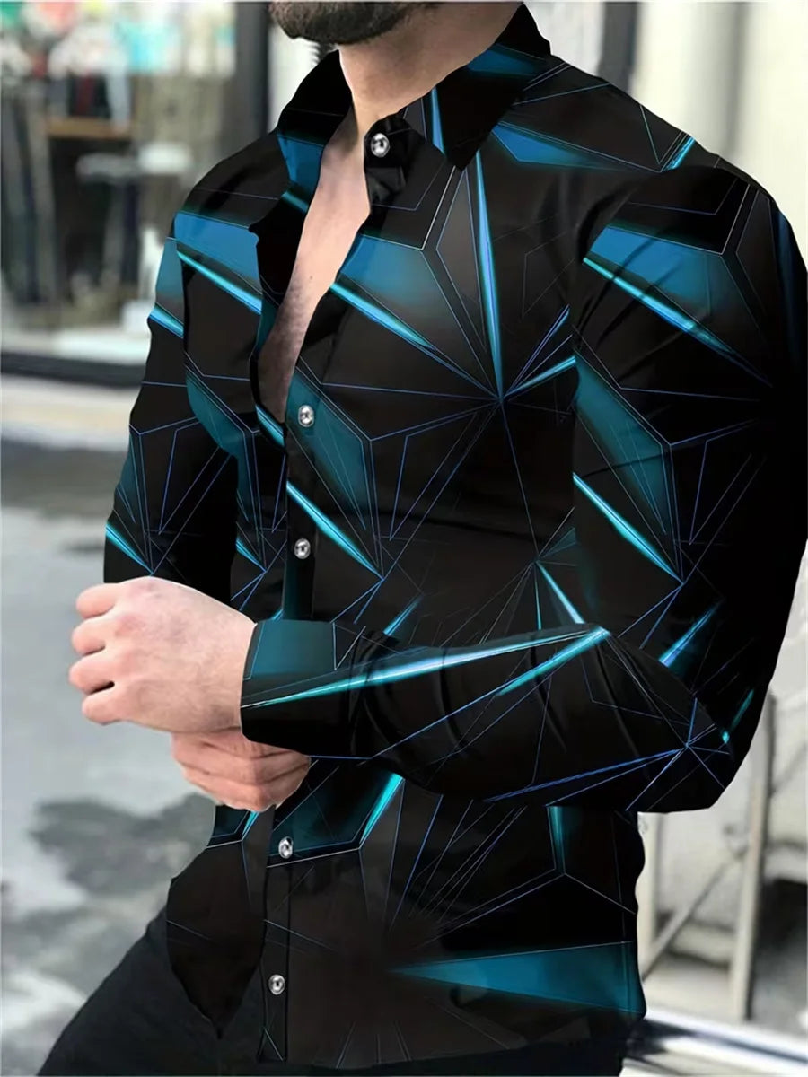 Camisa masculina de manga comprida com design de estampa de linha geométrica preta e dourada, blusa cardigã casual elegante, tecido confortável.