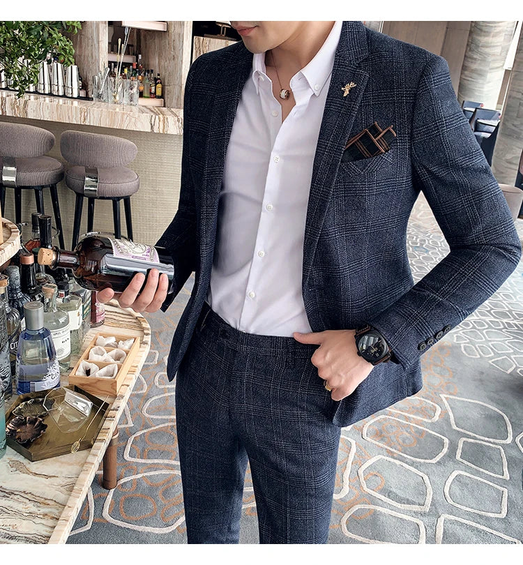Terno de negócios fino ajuste masculino alta qualidade boutique moda conjunto de duas peças bonito tendência banquete quatro estações calças incluídas