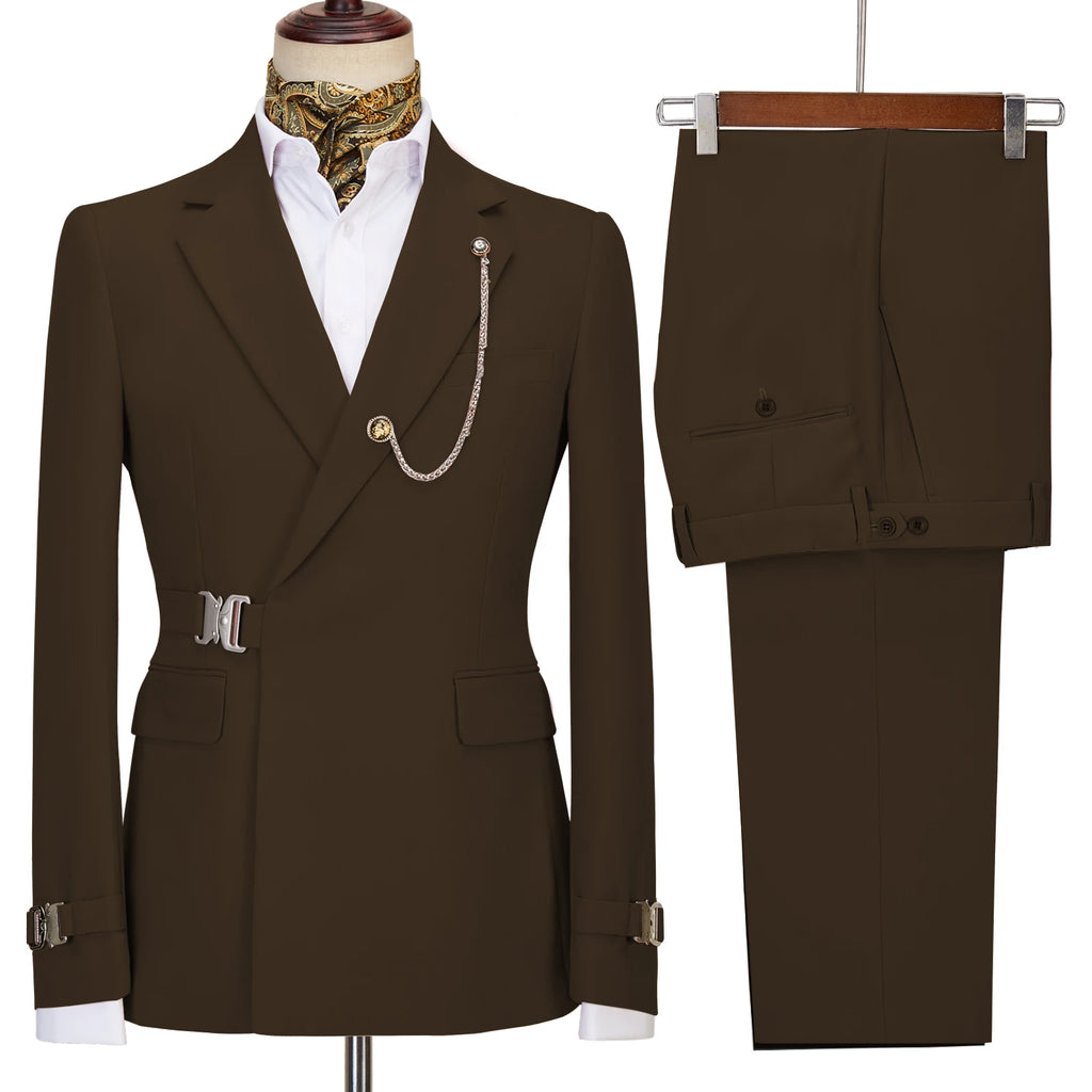 Terno de negócios masculino com fivela de metal, jaqueta casual, casaco boutique, vestido de noiva do noivo, blazers e calças, moda elegante