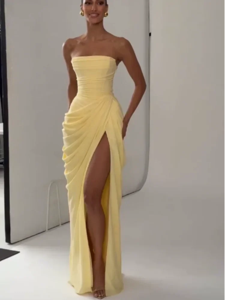 Vestido Elegante Amarelo Plissado Sem Alças para Mulheres, Chique, Sem Mangas, com Cintura Marcada e Fenda, Vestido Longo para Festas Noturnas Femininas 2026