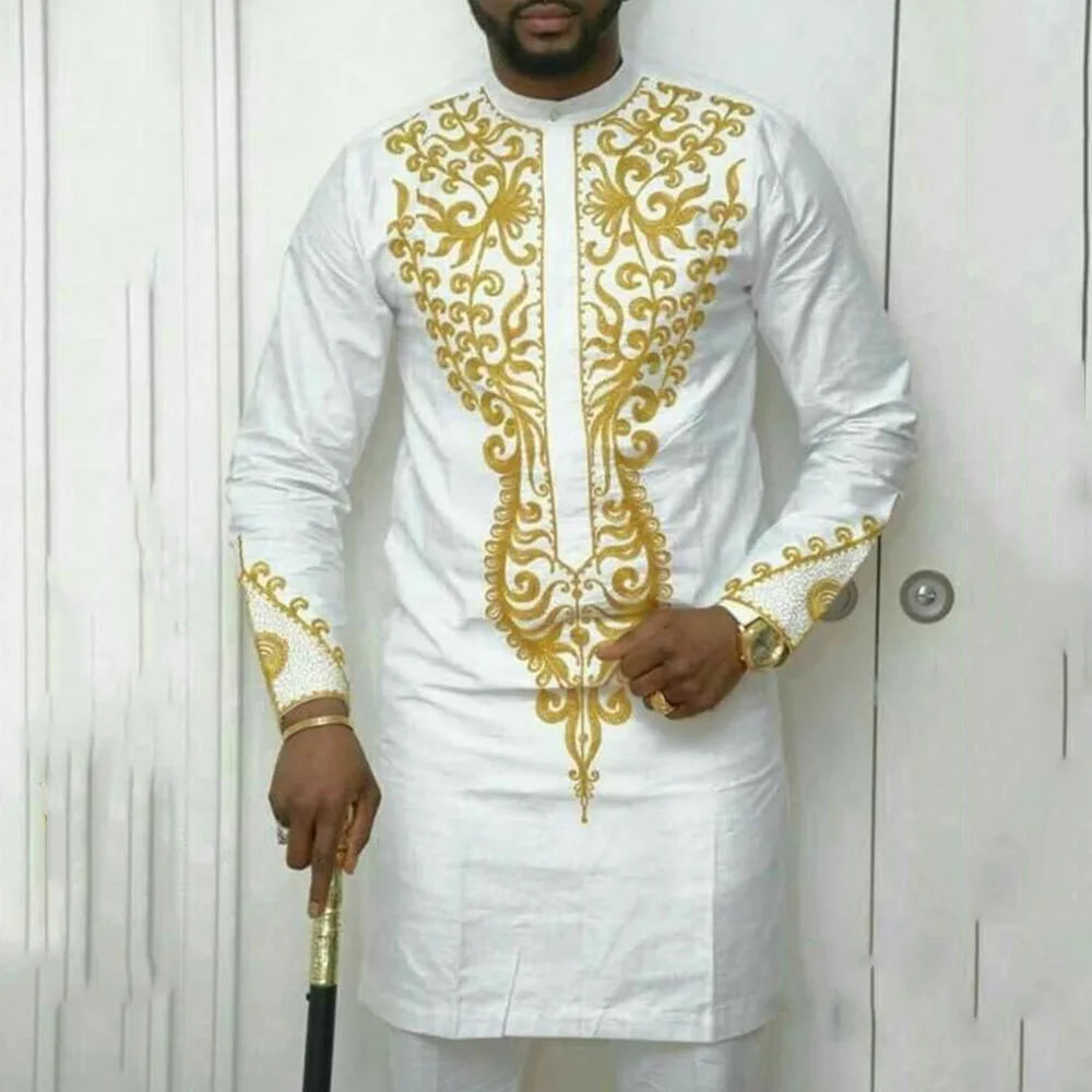 Traje Masculino Africano com Bordado Temos, Conjunto de Duas Peças, Calça Longa, Estilo Étnico Casual, Traje de Casamento, Terno para Noivos.