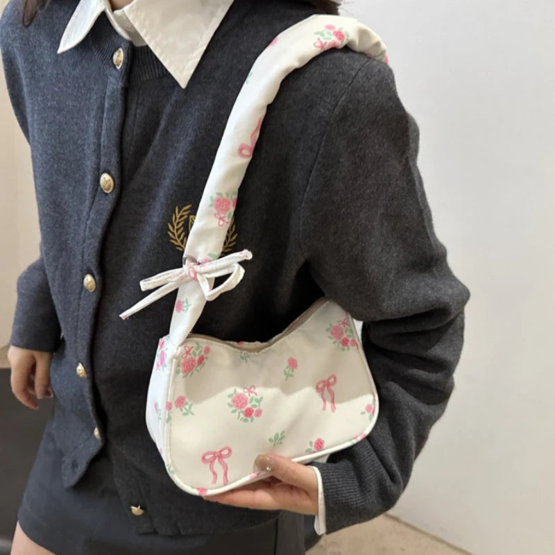 Bolsas femininas nova doce impressão bolsas de lona coreano floral arco impresso zíper sacola feminina pequena bolsa de ombro