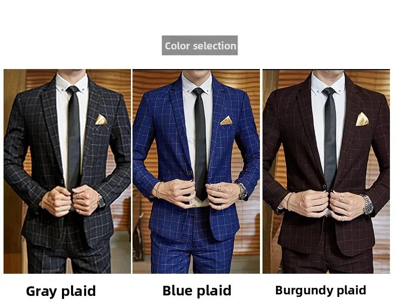 Terno de casamento xadrez fino ajuste masculino jaqueta estilo coreano negócios casual terno único breasted com conjunto de padrinhos de casamento wear