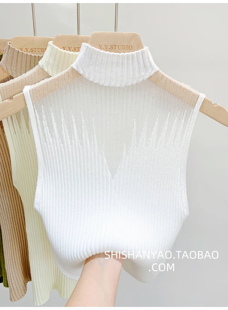 Top de malha de malha feminina y2k regata meio pescoço colete feminino sem mangas camisola chique corte streetwear sólido magro tubo topo