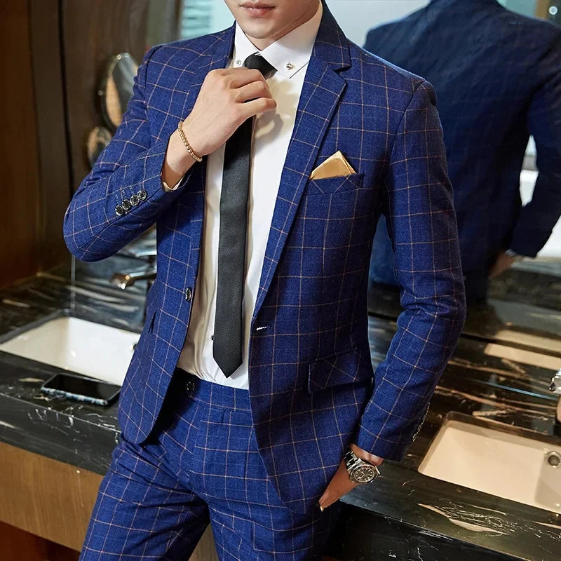 Terno de casamento xadrez fino ajuste masculino jaqueta estilo coreano negócios casual terno único breasted com conjunto de padrinhos de casamento wear