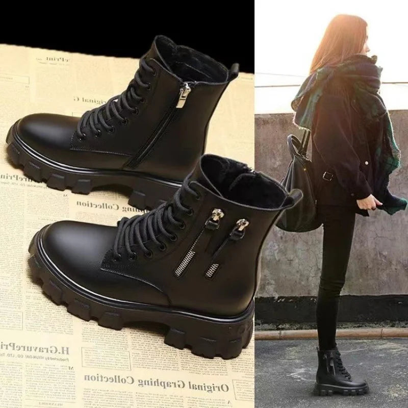 Botas 2025 novo estilo coreano forrado de lã outono inverno sapatos de algodão de alta qualidade botas femininas salto alto meados de bezerro bootsins