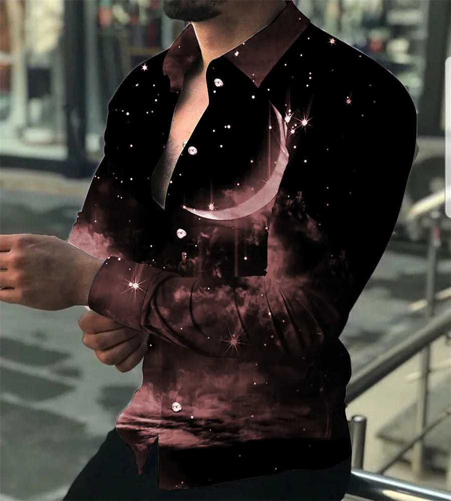 Camisa masculina de manga comprida com design de estampa de linha geométrica preta e dourada, blusa cardigã casual elegante, tecido confortável.