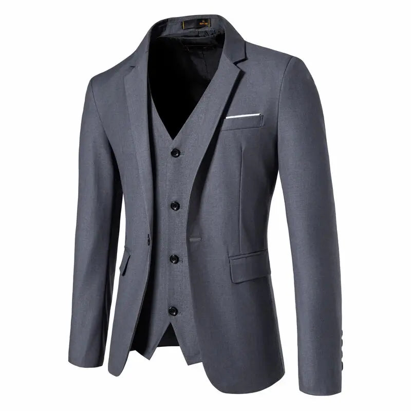 Terno masculino (blazer + colete + calças) moda negócios cor sólida casamento estilo britânico workwear, terno de desempenho casual