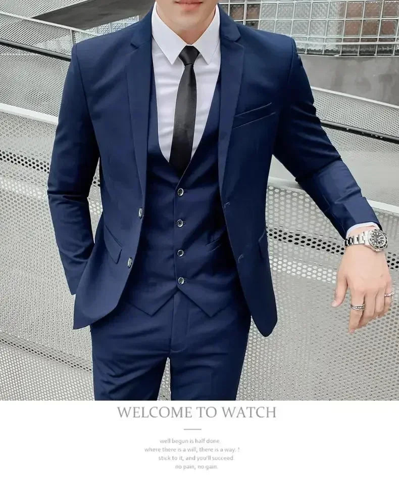 Terno (blazer + colete + calças) moda masculina negócios ao ar livre tendência cor sólida casual fino-ajuste casamento anfitrião cavalheiro terno 6xl