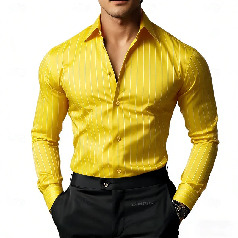 Camisa masculina listrada de manga comprida, business casual, versátil, com gola lapela e design de botão, disponível em 19 cores.