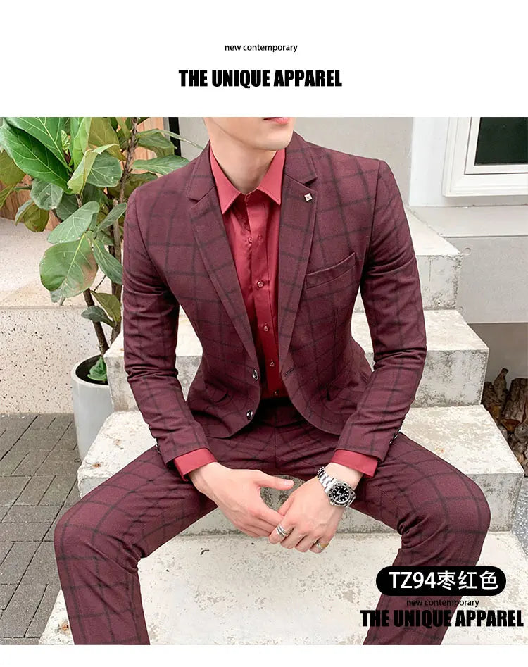 Terno de negócios fino ajuste masculino alta qualidade boutique moda conjunto de duas peças bonito tendência banquete quatro estações calças incluídas