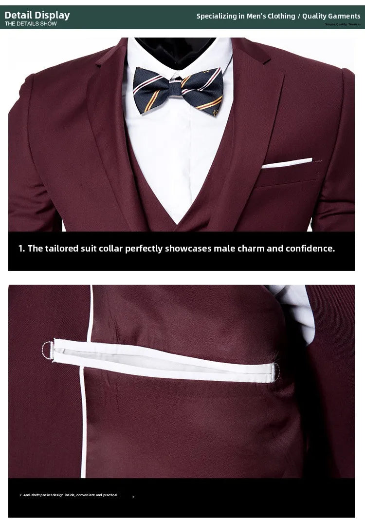 Conjunto de terno masculino de um botão fino ajuste casual tecido de mistura de algodão para trabalho versátil estilo clássico terno de três peças negócios casual