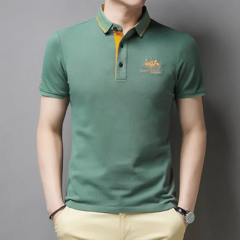 Camisa polo masculina bordada casual moda manga curta verão top confortável