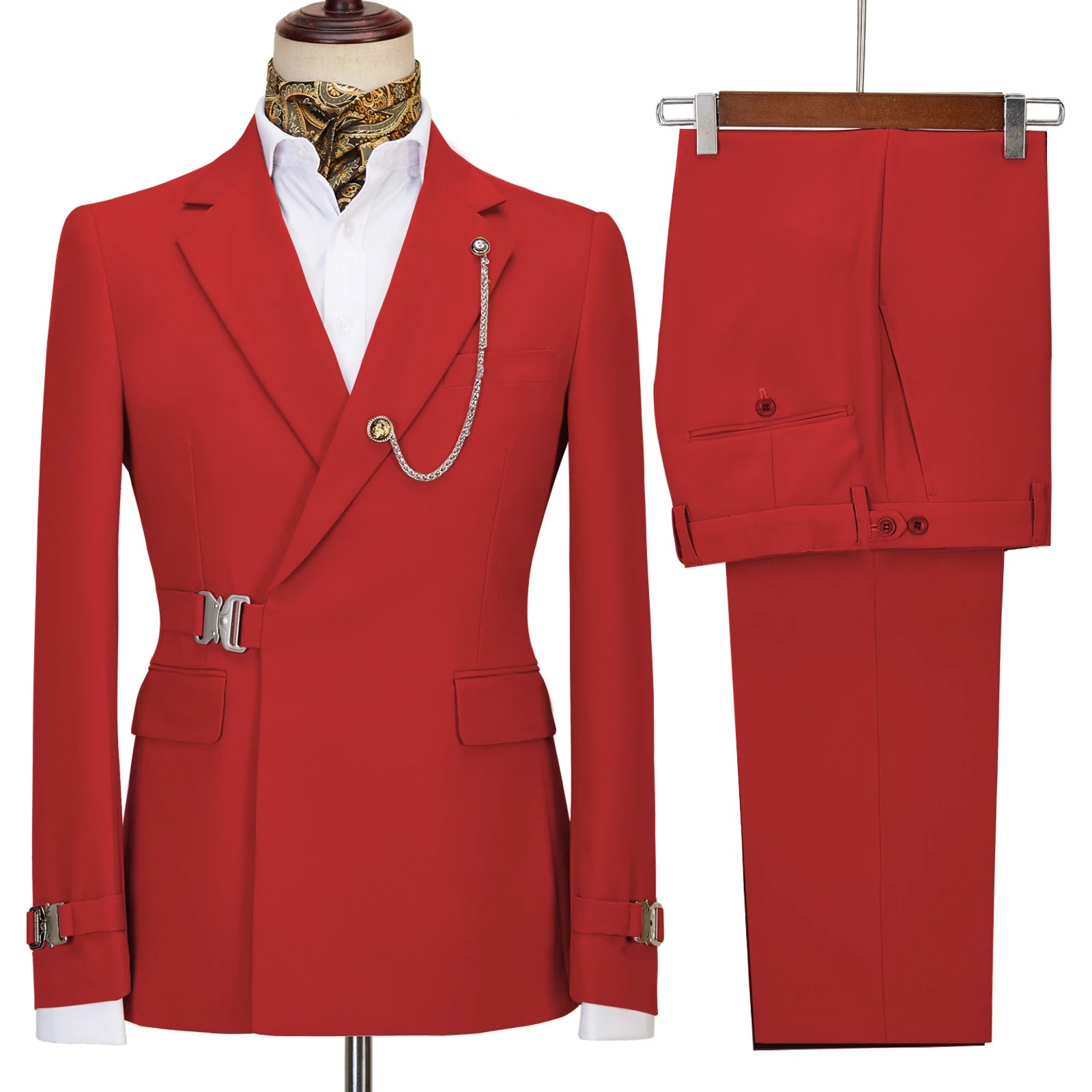 Terno de negócios masculino com fivela de metal, jaqueta casual, casaco boutique, vestido de noiva do noivo, blazers e calças, moda elegante