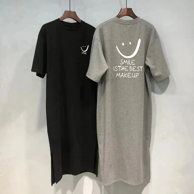 Verão feminino novo vestido camiseta de manga curta solto comprimento médio sobre o joelho vestido